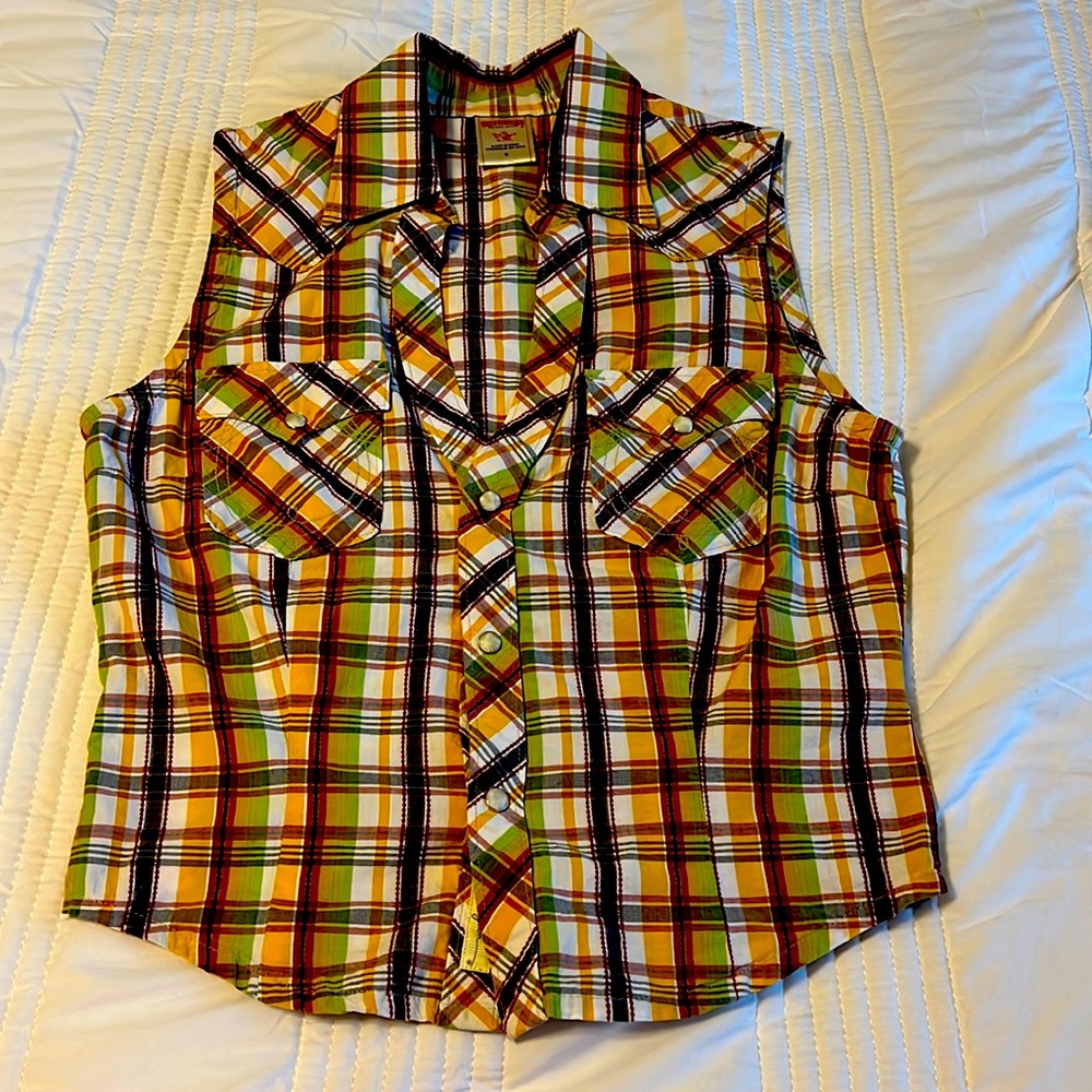 True Religion Women’s Sleeveless Western Shirt Snap Close Fitted